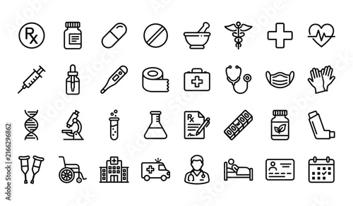 Collection showing various medical healthcare symbols including pharmacy items hospital equipment doctor tools plus laboratory supplies black line icons set