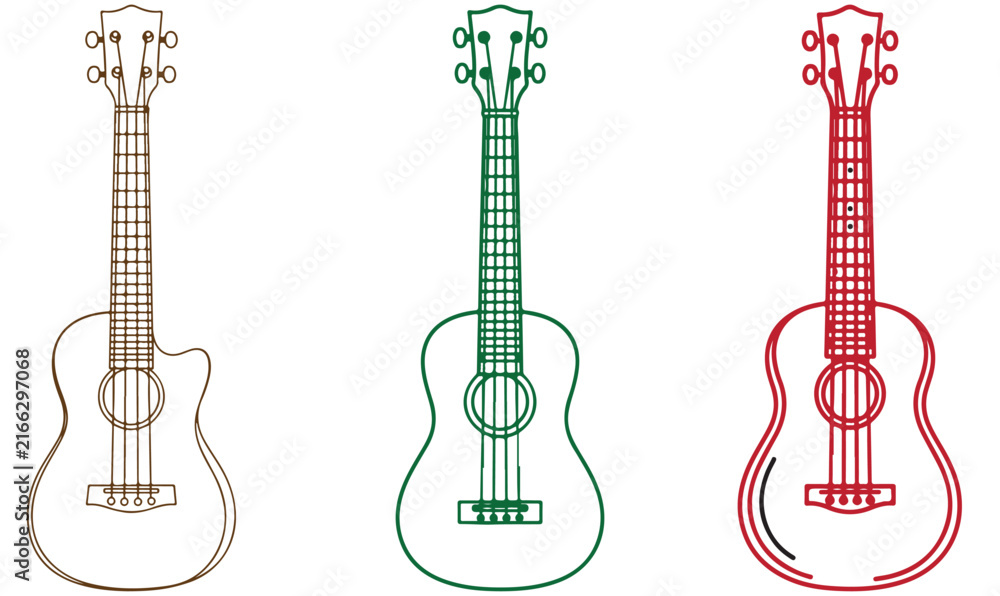 Obraz premium Ukulele line art vector illustration set with three colorful acoustic string instruments in brown green and red