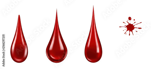 Red blood drops isolated on white background. Realistic liquid splash and droplet set design.