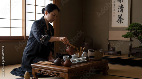 A woman conducts a traditional tea ceremony with tea utensils in a calm interior space.