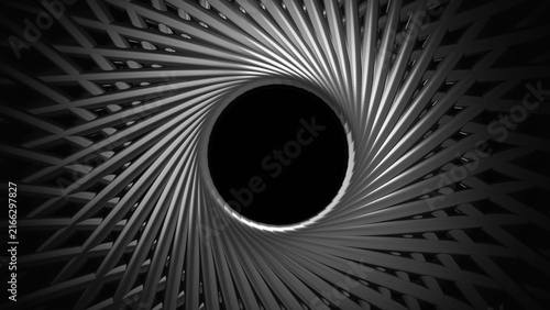 Abstract 3D dark metallic vortex background with center hole, futuristic silver metal spiral pipes geometric structure.