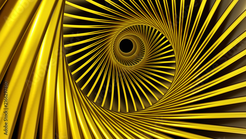Abstract gold metallic spiral tunnel background, golden vortex abstract texture design, 3D render illustration.