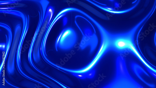 Abstract metallic blue fluid ripples background, glossy blue silk texture with neon reflections, 3D illustration.