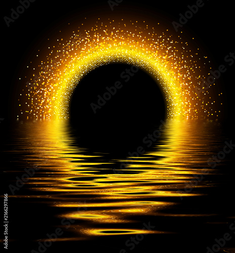 Golden glitter portal with water reflection on black background, abstract glowing stardust gate with liquid gold ripples.