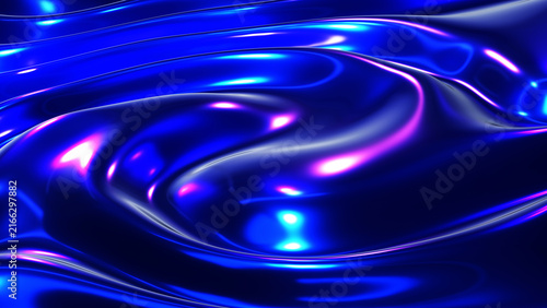 Liquid chrome background with pink neon reflections, abstract holographic fluid ripples with violet highlights, 3D render illustration.