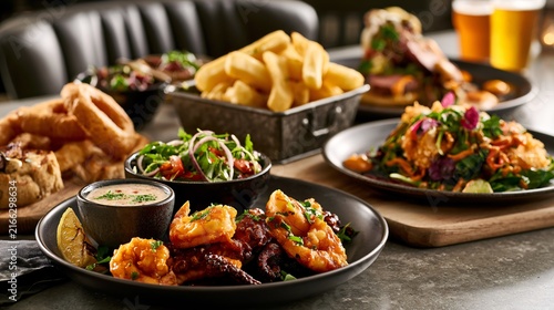A contemporary gastropub composition featuring pub-food displayed on polished concrete with modern restaurant aesthetics