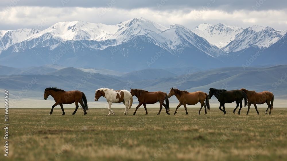 Fototapeta premium Horses walking in a line across open grassland with snow-capped mountains in the background