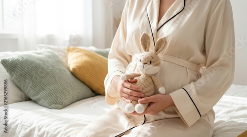 Expectant mother in a bedroom holding a soft crochet rabbit near her belly.