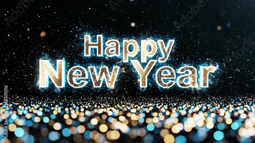 Glowing Happy New Year text with sparkling bokeh background
