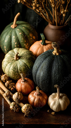 Copper and Green Squash with Garlic in Terracotta Pot