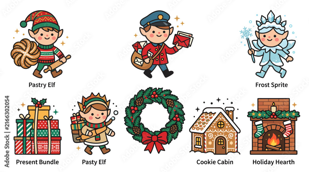 Fototapeta premium Set of cute Christmas themed illustrations with elves and holiday decorations.