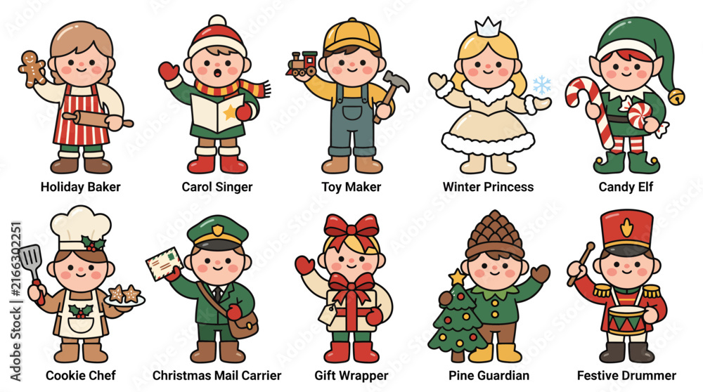 Fototapeta premium Set of ten cute festive Christmas character illustrations for holiday design.