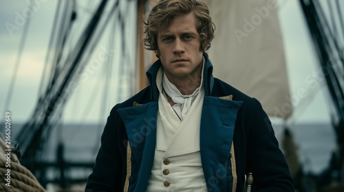 Young man stands on ship deck at sea during cloudy day, showing a focused expression and naval attire in a historical setting