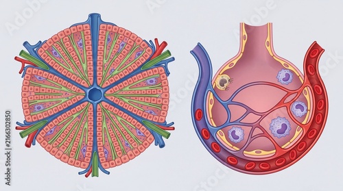 Medical illustration of liver lobule and lung alveolus structure, anatomical cross section of human internal organs, biological diagram for education