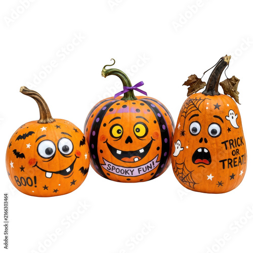 Three funny painted halloween pumpkins with silly faces