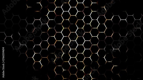 spreading hexagon structure, golden glowing honeycomb pattern isolated on black background, motion design element overlay template, geometric shape, horizontal