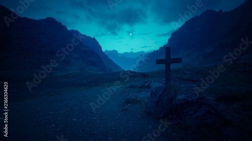 Single cross stands solemnly in a desolate, moonlit valley