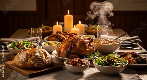 Festive holiday roast chicken dinner table setting with candles.