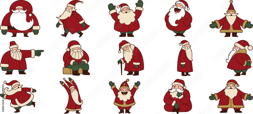 Obraz premium Set of cute hand drawn santa claus characters in various poses for festive christmas holiday design projects and decorations