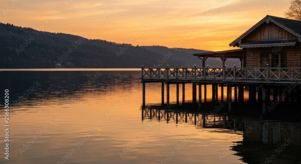 Obraz premium Wooden lakeside cabin at dusk with reflection on the water and trees in background