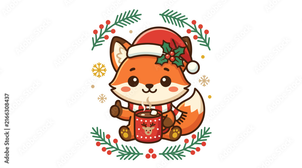 Fototapeta premium Cute cartoon fox wearing a Santa hat holding a hot cocoa mug.