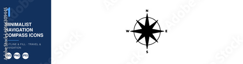 Navigation Compass Icons, Minimalist Outline and Fill Design. Travel and Navigation Symbols