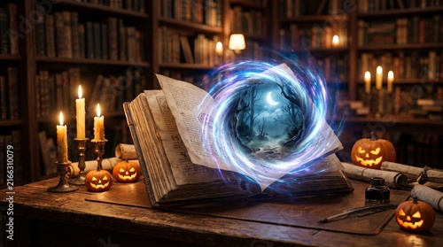 Ancient magic book opens a glowing portal to a moonlit forest among candles and orange Halloween pumpkins