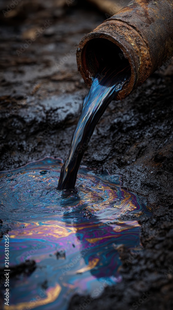 Fototapeta premium Crude oil pours from a rusted industrial pipe into a polluted puddle, creating a colorful sheen. A powerful conceptual image for environmental.