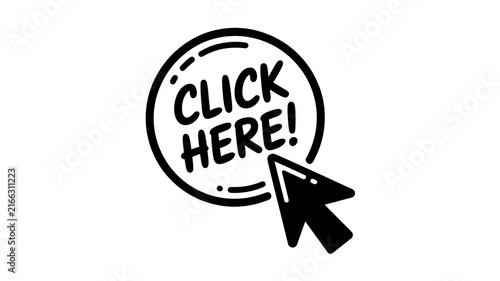 Black and white click here button with mouse cursor icon