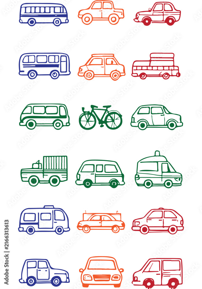 Obraz premium Hand drawn transport icons set with colorful cars buses truck and bicycle doodles vector illustration
