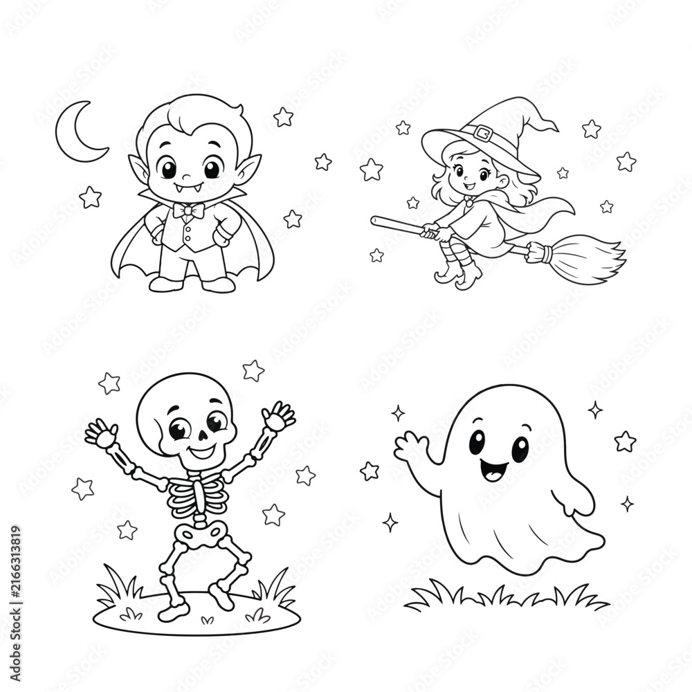 Fototapeta premium Cute Halloween characters coloring page set with vampire, witch, skeleton and ghost.
