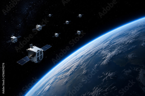 Earth limb from orbit with silver satellites, space technology and global communication theme