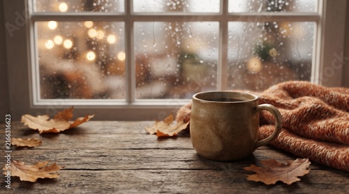 Cozy Autumn Coffee and Knitted Blanket by Rainy Window