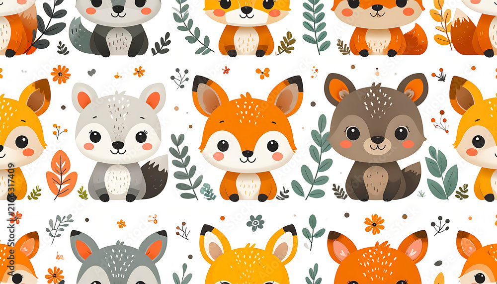 Fototapeta premium Kawaii seamless pattern with cute foxes, tiny leaves, and flowers, soft pastel colors, adorable woodland cartoon style.