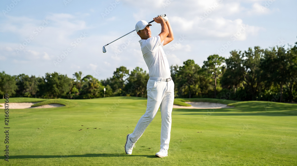 Fototapeta premium Golfer performing mid-swing on a golf course
