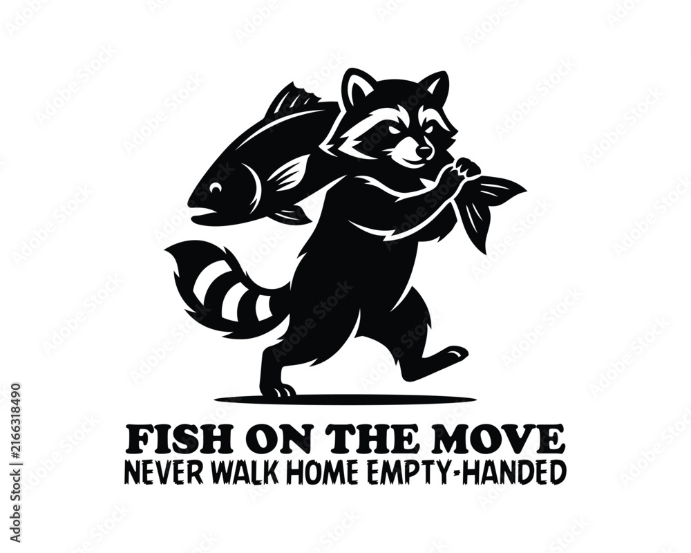 Obraz premium Walking Raccoon Carrying Large Fish Vector Silhouette Design Illustration, walking raccoon, raccoon carrying large fish, raccoon with fish, raccoon silhouette, raccoon vector, funny raccoon