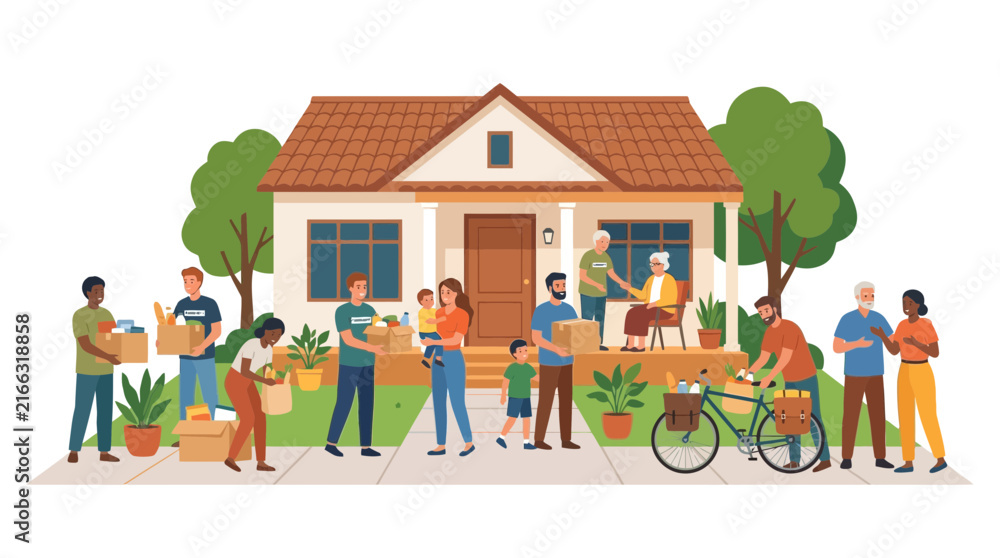 Fototapeta premium Diverse Volunteers Delivering Food Boxes to Community House Illustration