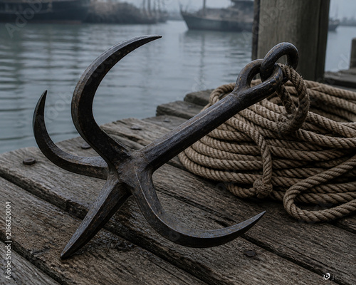 Photography Forged iron grappling hook on dock planks with coiled rope, maritime equipment a