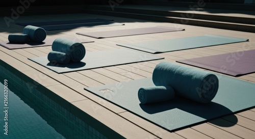 Yoga mats and rolled towels arranged poolside on a sunny, wooden deck