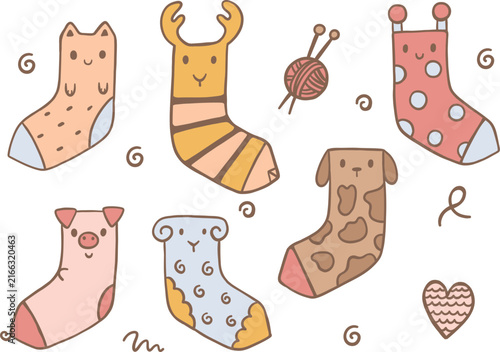 Set of seven cartoon-style socks with different animals and patterns on them. The designs include a smiling cat, a spotted pig, a giraffe-like dog, a sheep with curls, a deer with antlers, a sock with