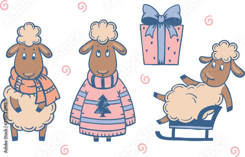 Set of four cartoon-style sheep in festive outfits for the holidays. One is wearing a stylish orange scarf and standing on its fluffy body; another has a pink dress with a Christmas tree print; the th