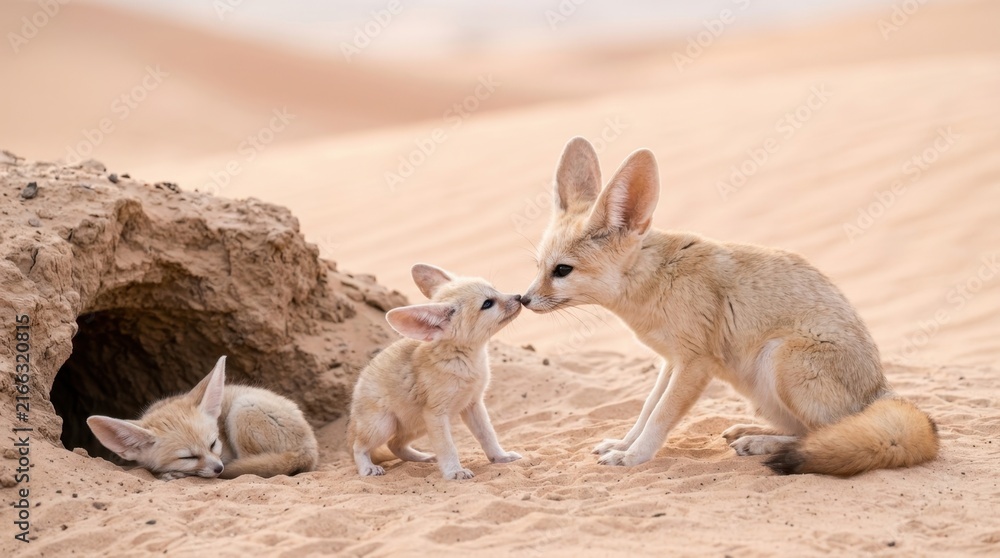 Naklejka premium Desert Fennec Fox Family: A touching scene of a fennec fox mother nuzzling her cub beside a burrow in the sandy desert, with another pup resting nearby.