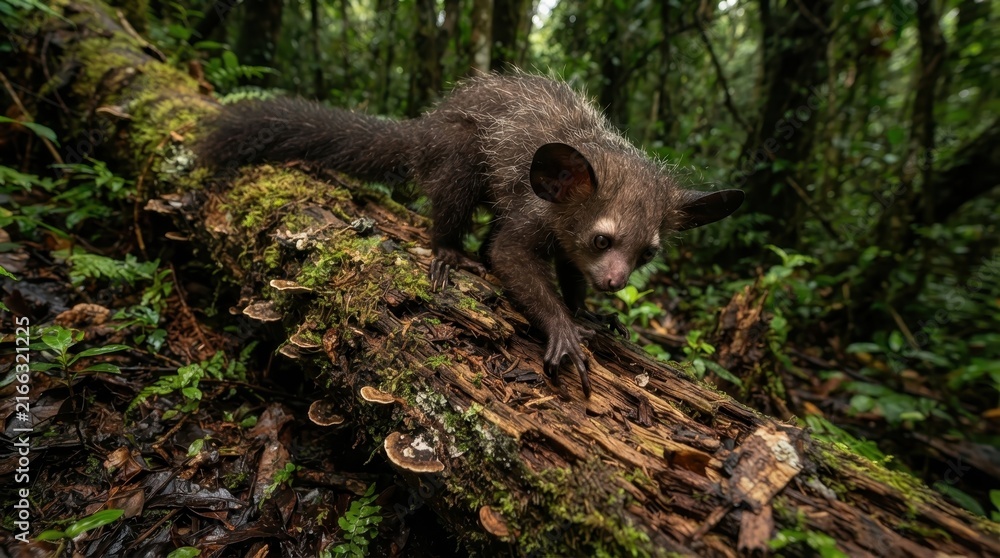 Naklejka premium Aye-aye Lemur Exploring Forest Floor: A rare aye-aye lemur with its distinctive large ears and rodent-like teeth, navigates a moss-covered fallen log in a lush, verdant rainforest.