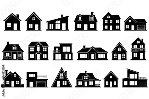Collection of diverse house silhouettes for modern architectural graphic design projects
