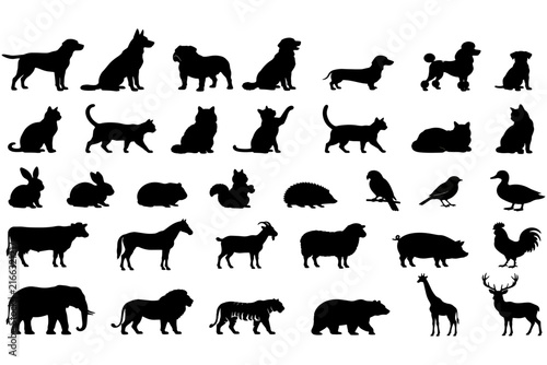 Diverse animal silhouettes collection featuring various domestic and wild creature species