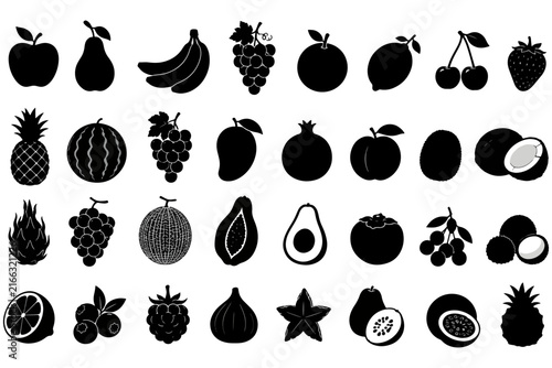 Black silhouette vector set featuring various organic delicious fresh fruits