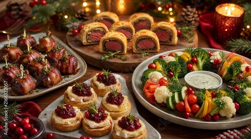 Festive Christmas appetizer spread with beef wellington and vegetable wreath.