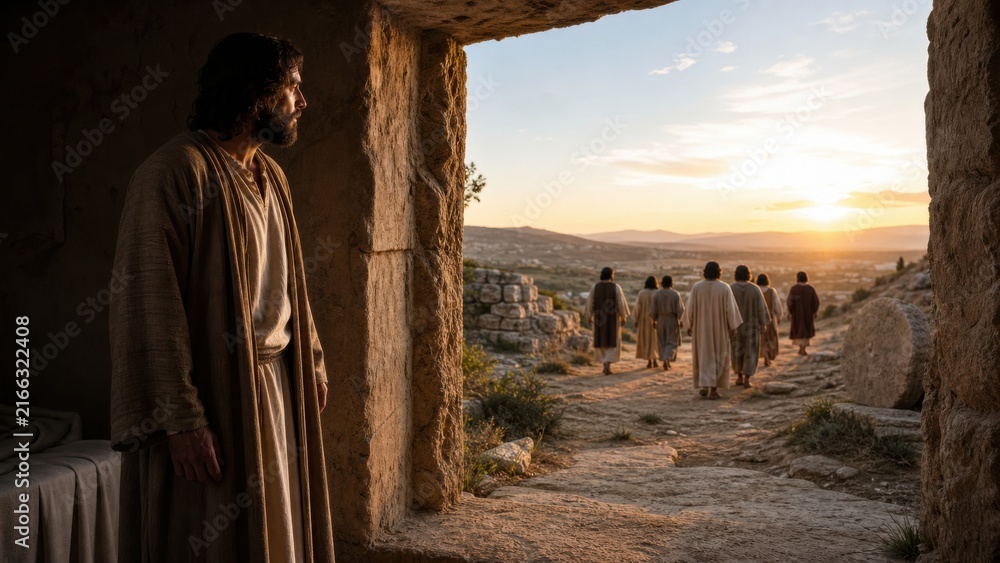 Fototapeta premium Man standing in ancient tomb doorway at sunrise watching group walking away. Resurrection and eternal life concept with biblical hope and faith