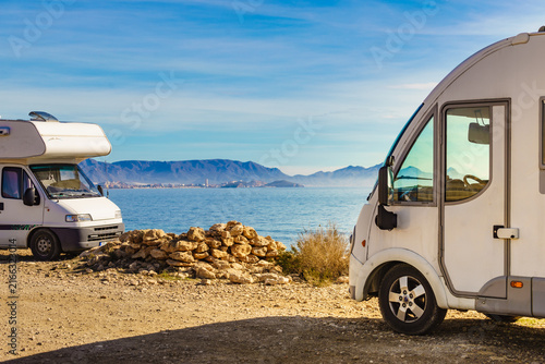 Camper on sea shore. Mediterranean region of Mazarron in Murcia Spain.