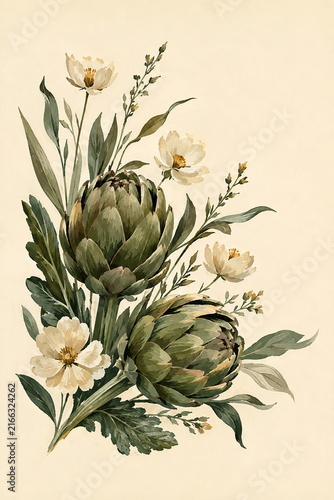 Artichokes with White Wildflowers and Green Leaves, Botanical Gouache Food Illustration